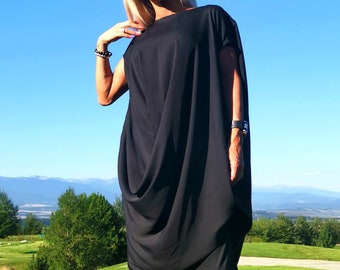 Extravagant Black Maxi Dress, Gothic Oversize Asymmetric Sleeveless Party Dress