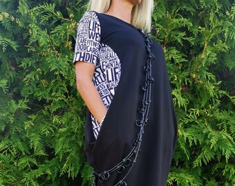 Black & White Cotton Maxi Dress, Short Sleeve Loose Dress