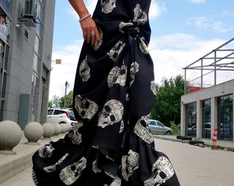 Skull Print Maxi Dress, Gothic Spaghetti Strap Extravagant Dress