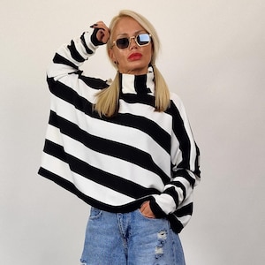 Black and White Stripes Oversized Blousw, Longsleeve Knitted Top with Turtleneck, Maxi Tunic Top, Loose Knitted Blouse, Oversized Woman Top