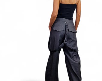 Black Denim Wide Leg Harem Pants with Suspenders , Avant-Garde Extravagant Style