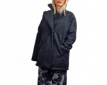 Women Coat: Black Oversized Jacket, Maxi Coat with linen