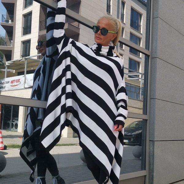 Black and White Stripes Poncho with Long Sleeves and Turtleneck, Maxi Tunic Top, Loose Knitted Blouse, Oversized Woman Top, Asymmetric Tunic