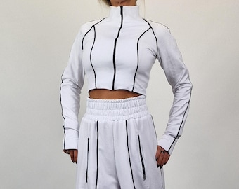 White Cotton Two Piece Set, Fitted Top Wide Leg Pants, Avant Garde Outfit