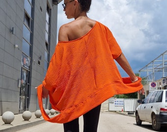 Orange Blouse/Asimetric top/ Loose top/ Oversize Blouse / Maxi Top/ Women Blouse / Avant-garde Blouse/ Cold Shoulder Top