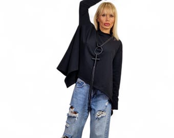 Black Cotton Maxi Tunic, Turtleneck Oversized Tunic Top, Asimetric Blouse