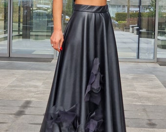 High Waist Skirt, Black Maxi Skirt, Long Skirt,Faux Leather Skirt, Extravagant Skirt, Gothic Skirt, Skirt with floral elements