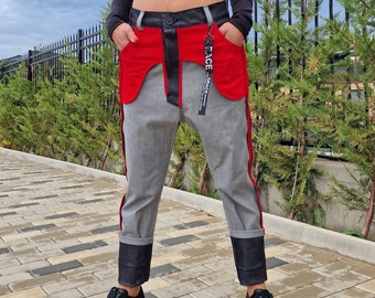 Extravagant Drop Crotch Pants with Red Pockets and Red Details, Avant Garde Trousers, Women Harem Pants, Loose Jeans, Extravagant Jeans