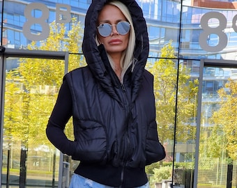 Sleeveless Hooded Vest, Short Jacket with Oversized Hood, Black Puffer Jacket, Winter Women Vest, Casual Jacket, Vest