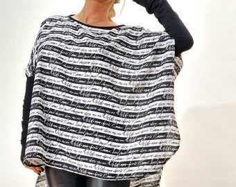 Black & White Asymmetric Tunic: Avant-Garde Boho Blouse