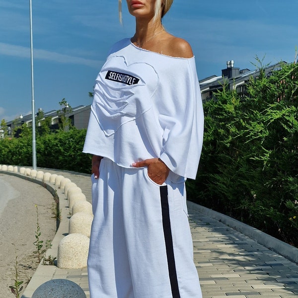 WHITE Loose Set, Extravagant Women Set, Loose Pants, Cold Shoulders Top, Cotton Set, Avant-garde Outfit