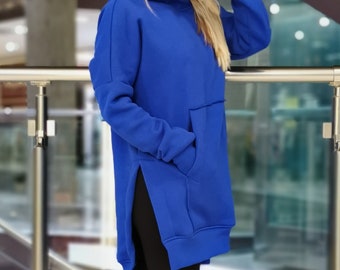 Blue Maxi Hooded Tunic, Oversized Asymmetric Blouse