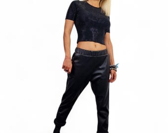 Black Faux Leather Pants, Avant-Garde Drop Crotch Trousers