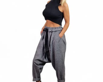 Linen harem pants with baggy drop crotch fit, loose boho trousers, festival wear