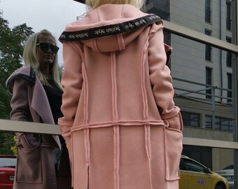 Pink Hoodie Vest: Asymmetric Longsleeve Winter Coat