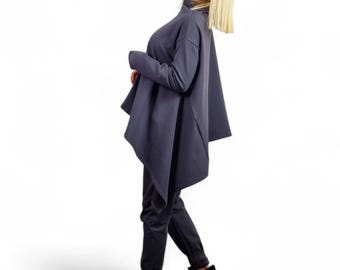 Cotton Harem Pants Set: Asymmetric Loose Turtleneck Top & Relaxed Pants