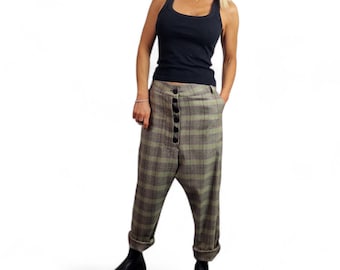 Plaid Harem Pants for Women – Baggy Drop Crotch Trousers – Streetwear Loose Pants – Casual Fashion