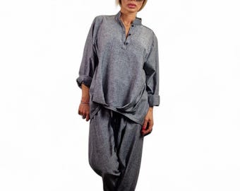 Linen Women Set, Asymmetric Top and Harem Pants, Baggy Loose Set