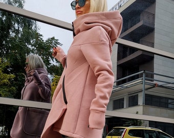 Asymmetric Hooded Coat in Pink, Warm Winter Coat for Women, Avant Garde Coat with Oversized Pockets