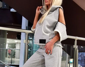 Extravagant Women Set, High Waist Charleston Pants, Open Back Top, Loose Pants, Hoodie Blouse, Cotton Set