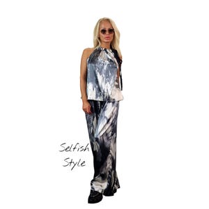 Two parts Women Suit, Satin Summer Set, Drop Crotch Pants, Open Back Sleevless Top, Loose Maxi Suit, Extravagant Women Set, Avant-garde Suit