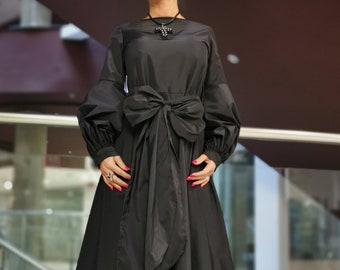 Black Maxi Dress with Puff Sleeves and Ribbon Belt, Extravagant Long Dress, Avant Garde Party Dress, Gothic Dress for Women