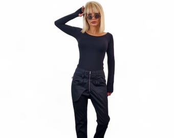 Women's Black Drop Crotch Pants, Avant-Garde Trousers