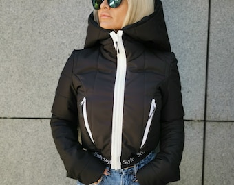 Short Jacket with Oversized Hood, Black Puffer Jacket with White Zipper, Winter Women Jacket, Casual Warm Jacket