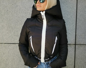 Chaqueta acolchada con capucha extragrande, chaqueta de invierno negra para mujer