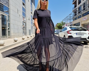 Extravagant Dress, Long Dress, Loose Women Dress, Maxi Dress, Avant-garde Dress, Gothic Dress, Drapped Tulle Dress, Black Dress, Party Dress