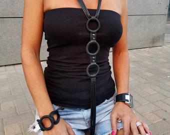 Handmade Black Rope Necklace with Leather & Metal Details | Avant Garde Statement Jewelry