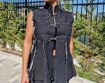 Short Vest, Extravagant Women Vest, Sleevless Vest, Short Asimetric Women Vest, Gothic Vest, DenimVest, Designer Vest