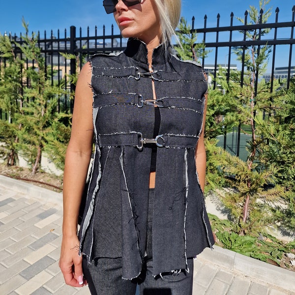 Short Vest, Extravagant Women Vest, Sleevless Vest, Short Asimetric Women Vest, Gothic Vest, DenimVest, Designer Vest