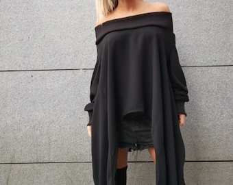Asymmetric Black Tunic: Gothic Longsleeve Party Top