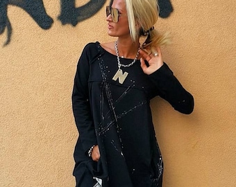 Hand Painted Cotton Midi Dress, Loose Black Plus Size Dress