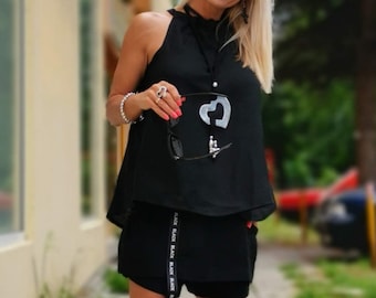Linen Black Summer Set: Open Back Top & Shorts with Skirt