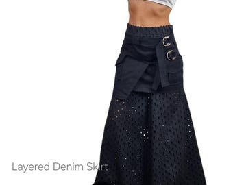 Black Maxi Skirt: Denim Double Layer, Asymmetrical Gothic Style