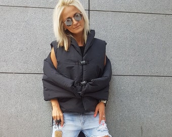 Black sleevles vest/Puffer vest/Asimetric women vest/Casual autumn vest