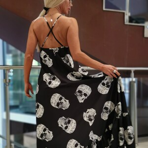 Skull Print Maxi Dress, Gothic Spaghetti Strap Extravagant Dress image 3