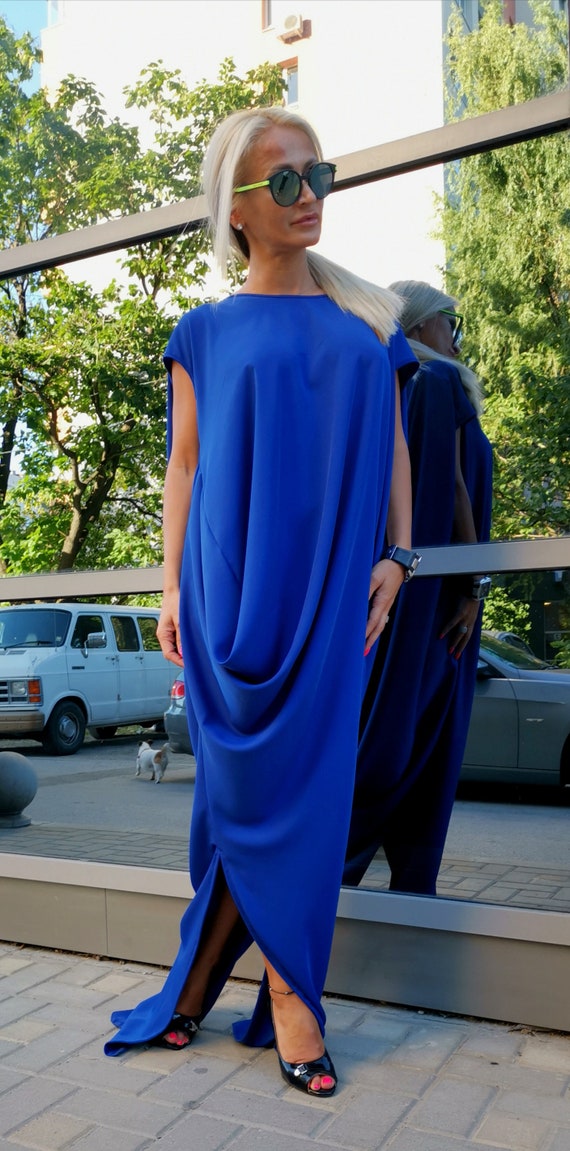Blue Maxi Dress, Extravagant Sleeveless Asymmetric Party Dress