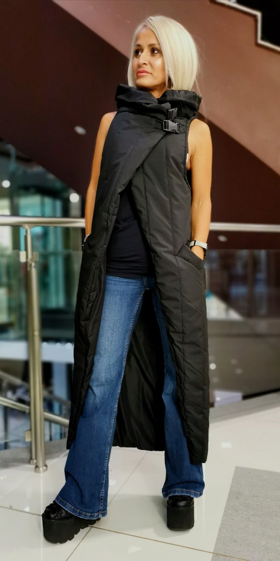 Black Puffer Vest, Long Women Vest With Turtleneck, Asymmetric
