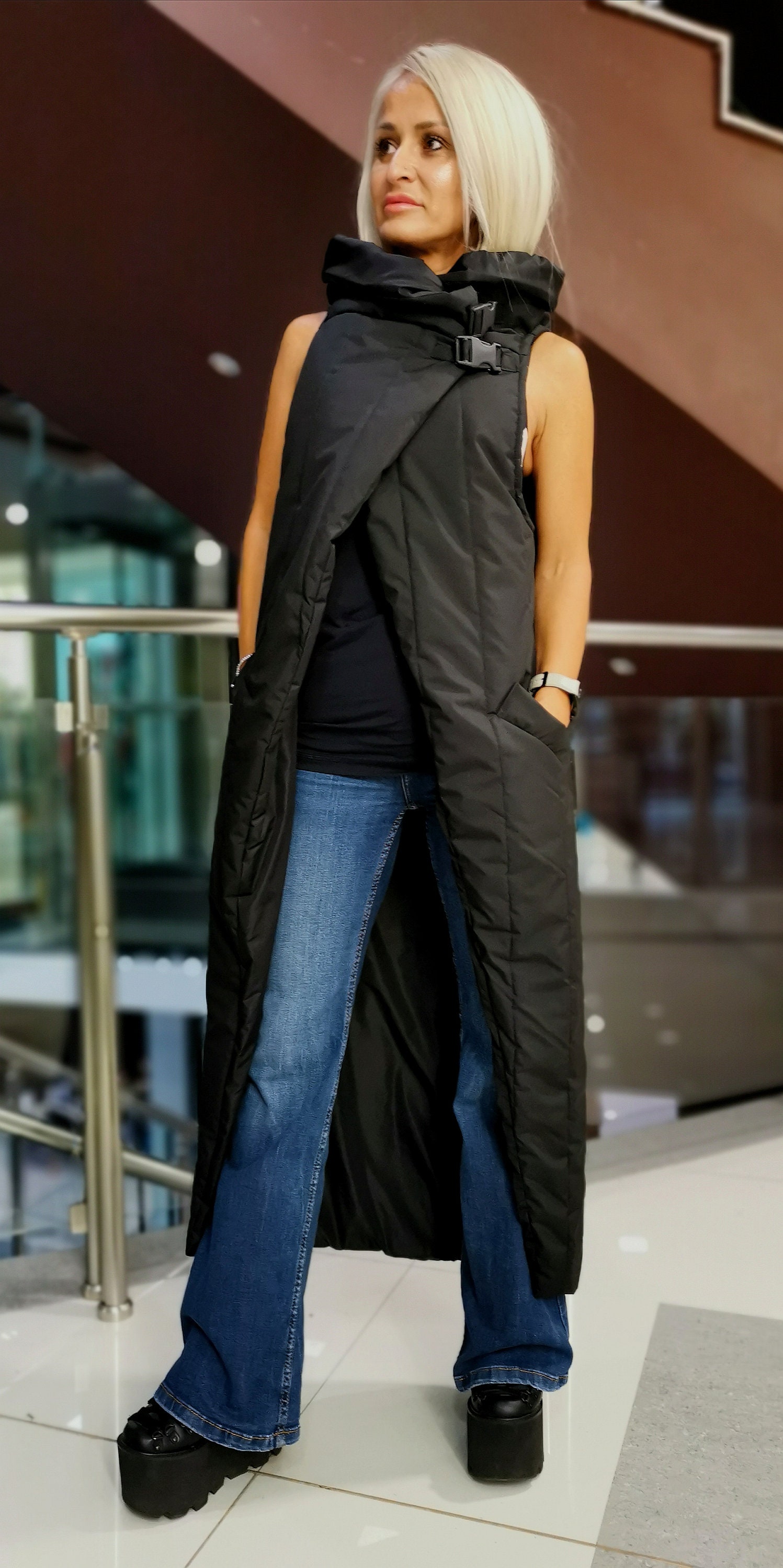 Womens long black shop puffer vest
