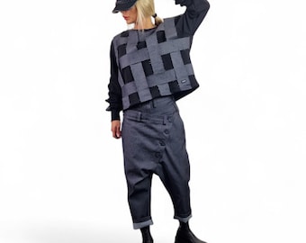Avant Garde Denim Set – Harem Pants and Short Blouse – Black Streetwear Two Piece Outfit- Trench Suit
