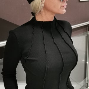 Black Fitted Turtleneck Top – Long Sleeve Ribbed Cotton Blouse – Gothic Minimalist Shirt for Women