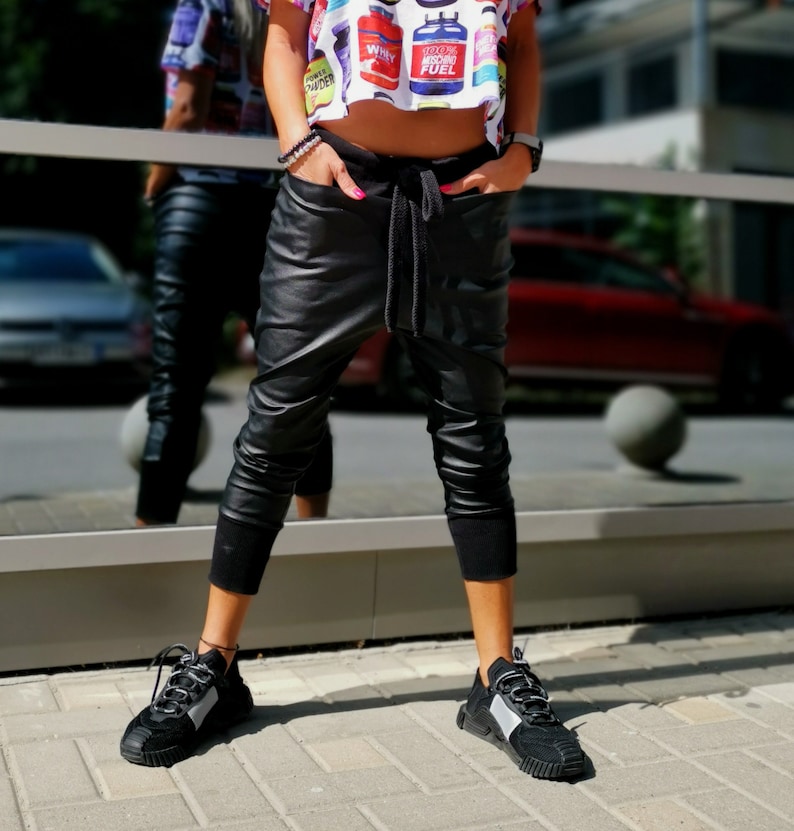 Faux Leather Fitted Pants, Black Leather Pants, Eco Leather Women Pants with Ties, Mid Calf Pants shops with Pockets