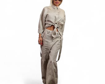 Oversized Linen Set – Shirt and Suspender Pants – Wide Leg Linen Outfit – Boho Summer Clothing