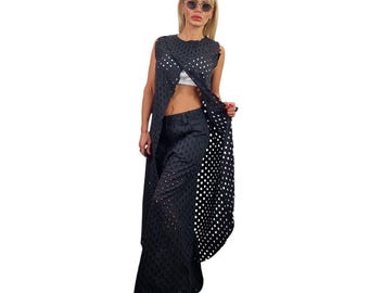 Black Distressed Denim Set, Asymmetric Maxi Top, Wide Leg Pants, Gothic Outfit