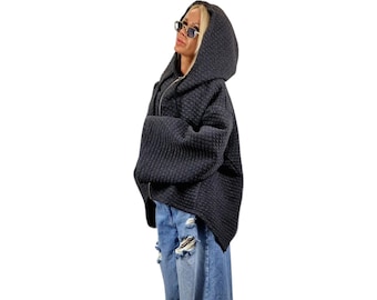 Asymmetrische jas met capuchon, korte jas met ritssluiting aan de voorkant, oversized avant-garde bovenkleding