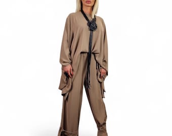 Avant-Garde Trench Suit: Asymmetric Blouse & Wide Leg Pants