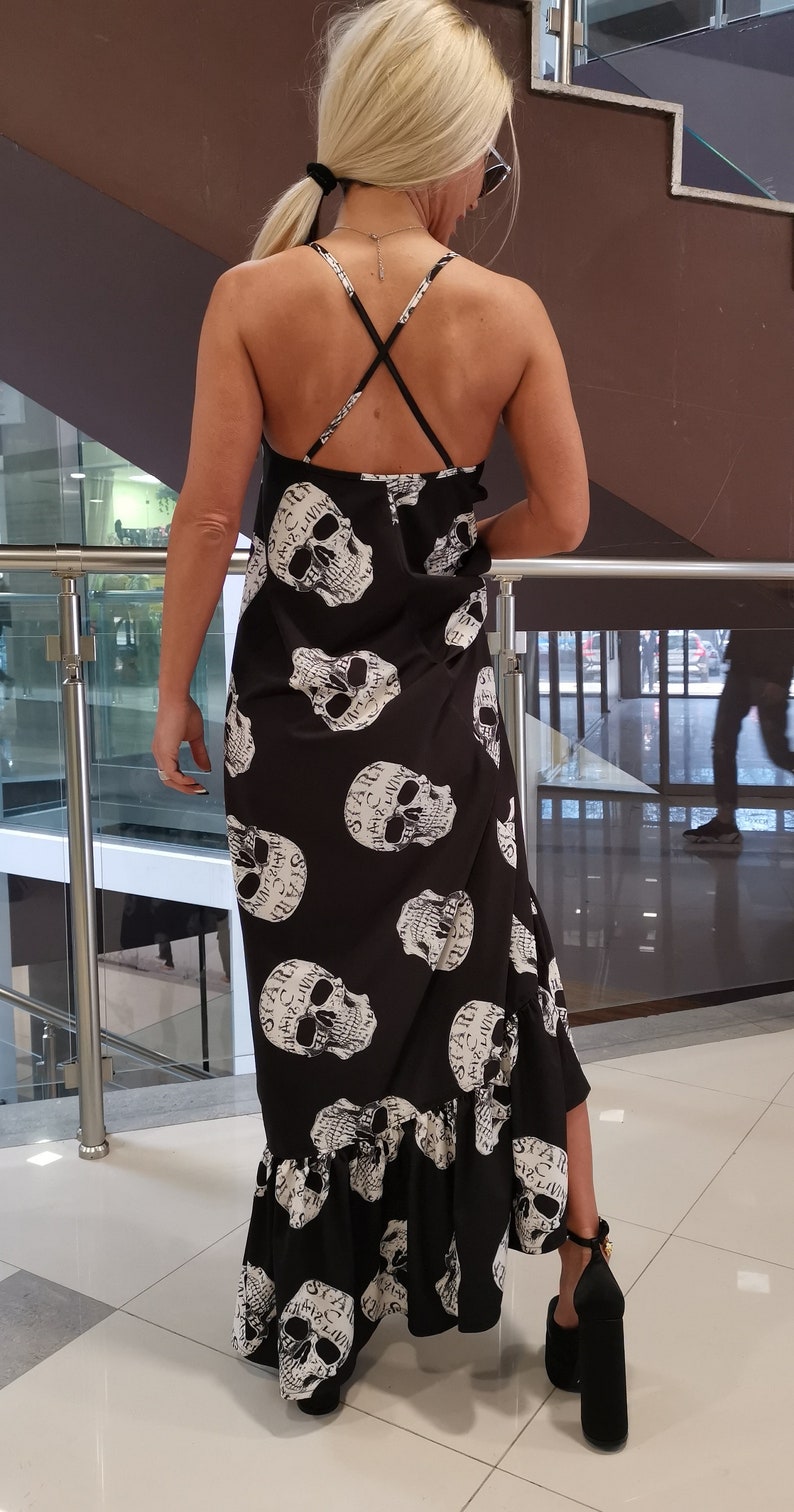 Skull Print Maxi Dress, Gothic Spaghetti Strap Extravagant Dress image 4